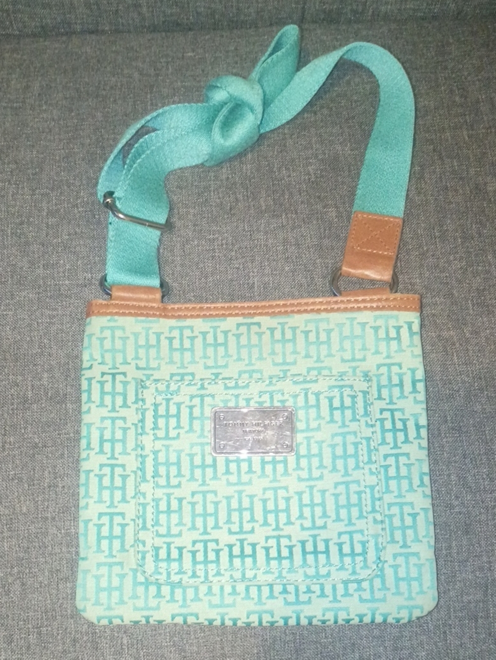 Tommy Hilfiger Teal Logo Crossbody with Brown Trim